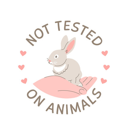 Cruelty free doodle hand drawn icon. Not tested on animals logo sticker for animal friendly product packaging. Cute cartoon rabbit on hand with text. Vegan eco cosmetics. Simple colorful round badgeのイラスト素材
