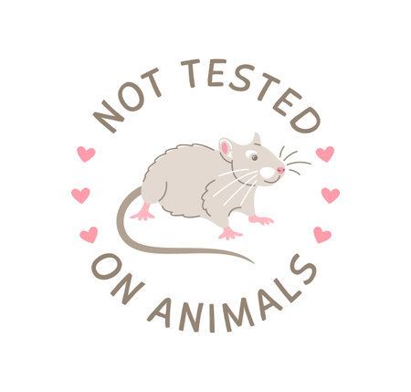 Cruelty free doodle hand drawn icon. Not tested on animals logo sticker for animal friendly product packaging. Cute cartoon rat with text in circle. Vegan eco cosmetics. Simple colorful badgeのイラスト素材