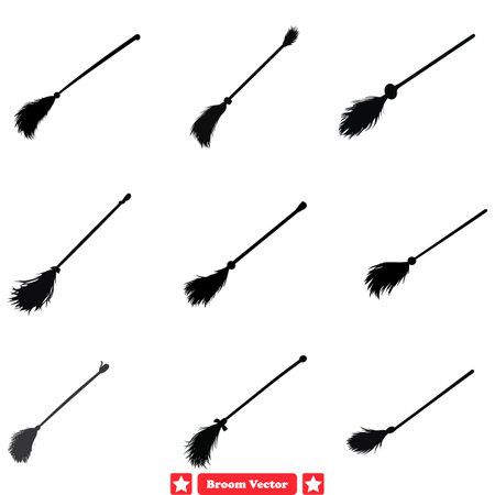 Diverse Broomstick Silhouettes Perfect for Witches, Household Chores, and Bewitching Art Projectsのイラスト素材