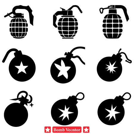 Blitz Blast Bonanza Diverse Bomb Silhouette Set for Design Pioneersのイラスト素材
