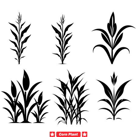 Cornstalk Serenity Tranquil Vector Silhouettes Perfect for Agricultural Posters and Harvest Festivalsのイラスト素材