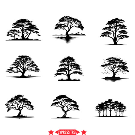 Cypress Tree Silhouette Set Rustic Graphics for Natural Themesのイラスト素材