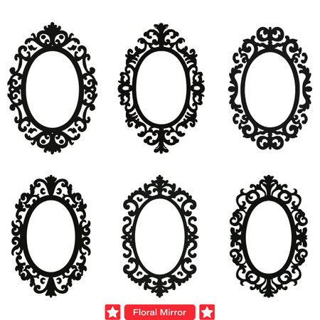 Luxurious Floral Mirror Vector Silhouette Assortment  Opulent Beauty for Stylish Artistryのイラスト素材