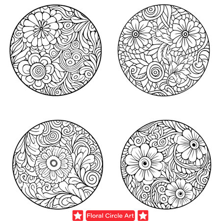 Whimsical Floral Circles Vector Set  Intricate Petals Forming Beautiful Symmetrical Patternsのイラスト素材