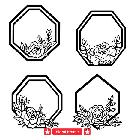 Elegant Floral Frame Vector Silhouette Set  Graceful Blooms Encircling Timeless Design Elementsのイラスト素材