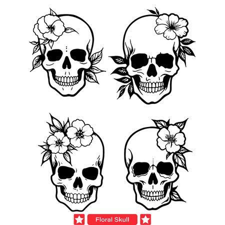 Floral Fusion  Enchanting Skull Silhouette Vectors Adorned with Flowersのイラスト素材