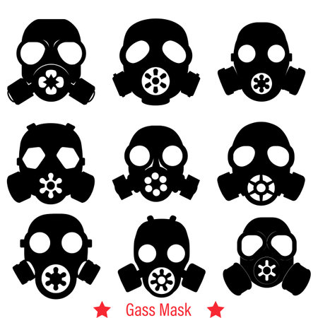 Futuristic Survival Gear  Gas Mask Silhouettes Set for Sci Fi Art and Dystopian Conceptsのイラスト素材