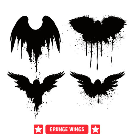 Retro Grunge Wings Collection  Nostalgic Vector Silhouettes for Artistic Projectsのイラスト素材