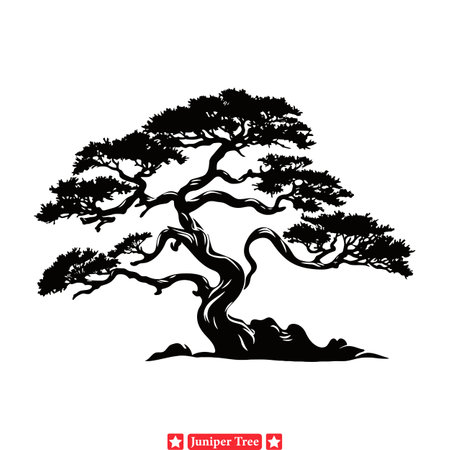 Silhouette Serenity  Juniper Tree Vector Set for Peaceful Artworksのイラスト素材