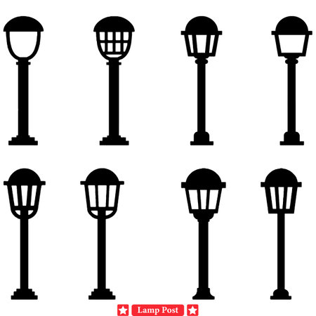 Victorian Style Lamp Post Set  Antique Urban Lighting Silhouettesのイラスト素材