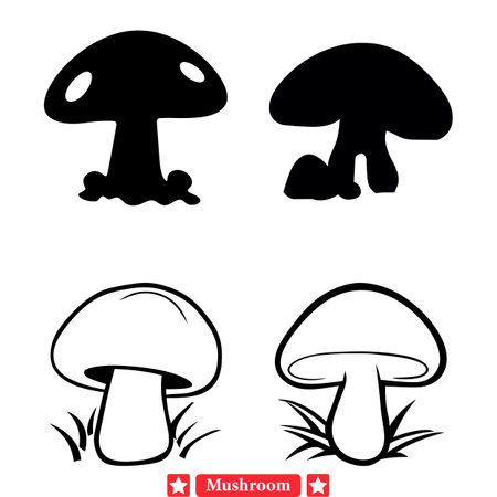 Enchanted Mushroom Medley  Delicate Vector Silhouettes for Artistic Escapadesのイラスト素材