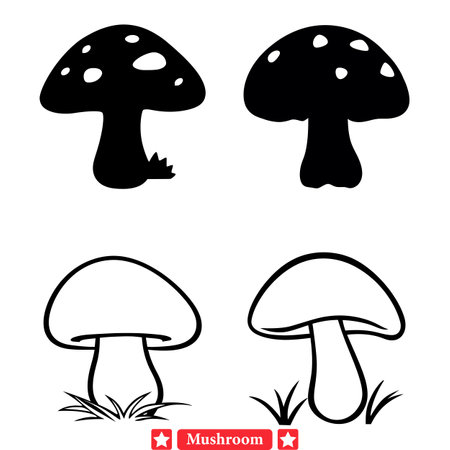 Whimsical Wilderness Wanderlust  Graceful Mushroom Silhouettes for Creative Venturesのイラスト素材
