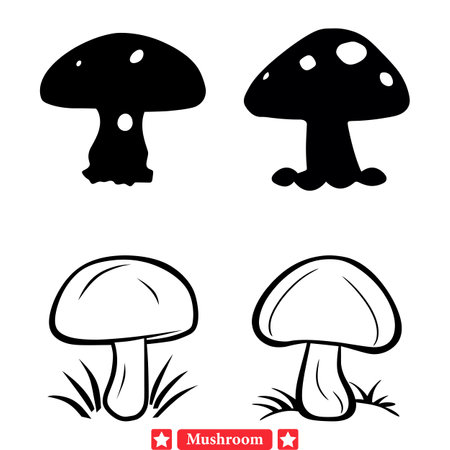 Whimsical Mushroom Vector Collection  Dive into a World of Fungi with Intricate Silhouettesのイラスト素材
