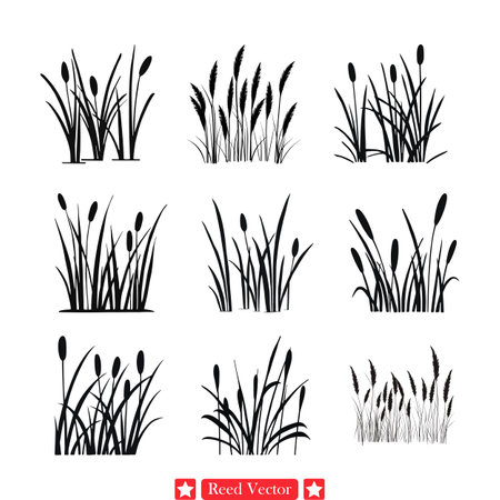 Tranquil Waters  Exquisite Vector Silhouette Designs Capturing the Essence of Reedsのイラスト素材