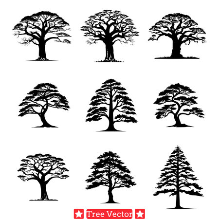 Arboreal Elegance  Stunning Tree Silhouettes Bundle for Creative Endeavorsのイラスト素材
