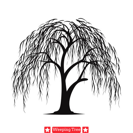 Nature s Embrace  Willow Tree Silhouette Set Infusing Serenity into Designsのイラスト素材