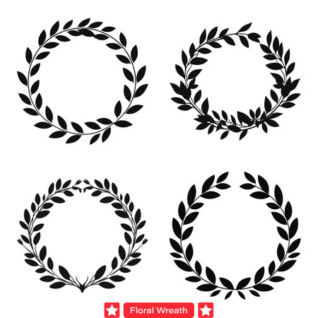 Whimsical Floral Wreath Vector Set  Delicate Silhouettes Perfect for Wedding Stationery and Craftingのイラスト素材