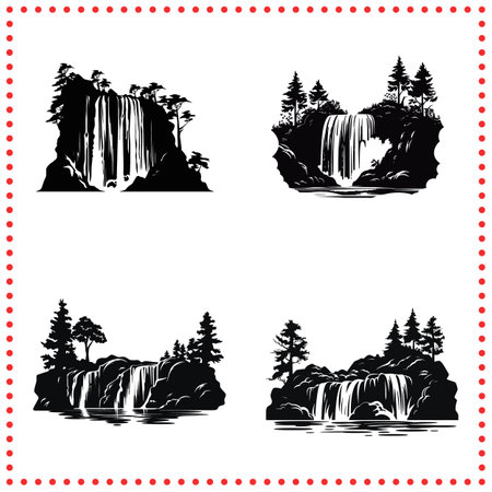 Silhouette of Mystical Waterfall in Fairytale Forest, Enchanting Landscape Print for Magical Home Decorのイラスト素材