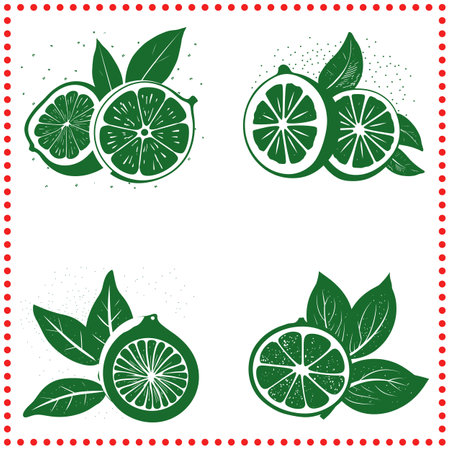 Fruit Icons with Detailed Citrus Slices and Leaf Elementsのイラスト素材