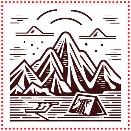 Mountain Range Illustration with Tent Camps and Clouds in a Minimalist Styleのイラスト素材