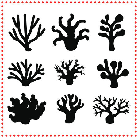 Monochrome Coral Silhouette Collection   Classic Marine Life Vector Designsのイラスト素材