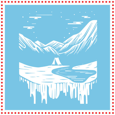 Simplified mountain scene illustration, ideal for eco friendly product packaging and outdoor events.のイラスト素材