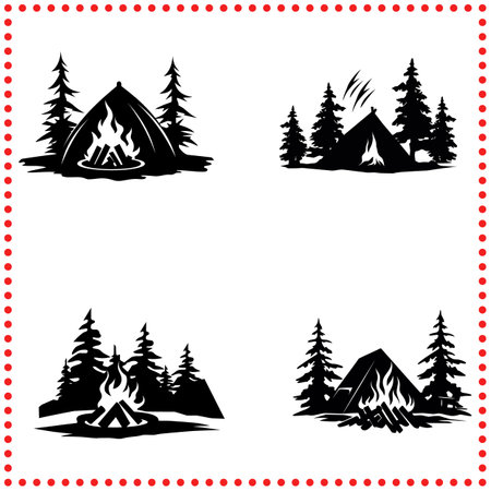 Cozy campfire and tent design, perfect for nature themed projects and camping enthusiasts.のイラスト素材