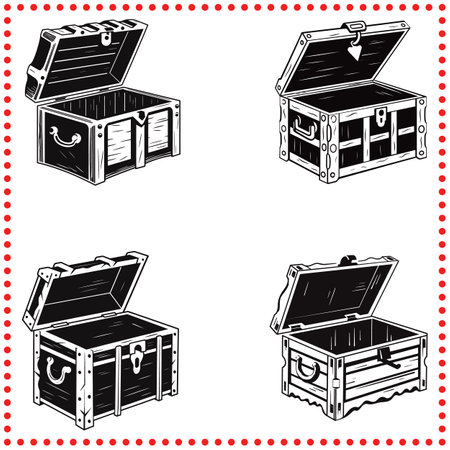 Open wooden chest vector, ideal for representing hidden treasures and mysterious discoveries.のイラスト素材