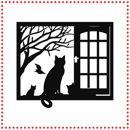 The Silent Watchers  Cats Keeping a Close Eye on the Windows Sceneのイラスト素材