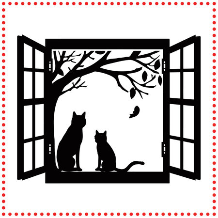 A Moment of Peace  Cats Gazing at the Tranquil World Beyond the Windowのイラスト素材