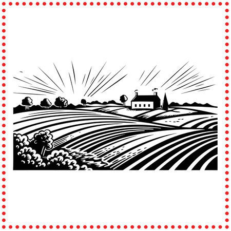 Golden Mornings  The Radiance of Sunrise Over Rolling Fields in Rural Art.のイラスト素材