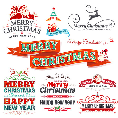 Vector set of vintage Christmas labels, badges and banners with Santa Claus, present, tree, sleigh and reindeers illustrations in retro style. Set of calligraphic and typographic decorative design elements.のイラスト素材