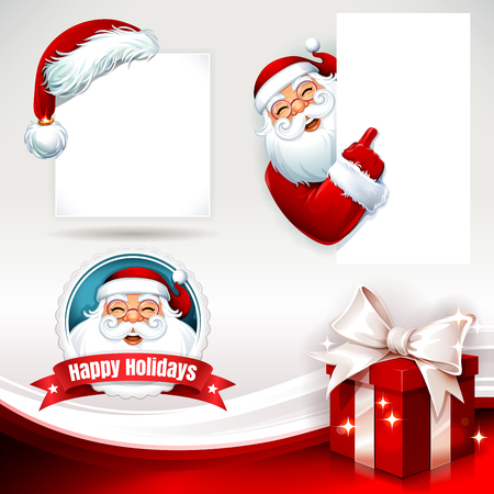Vector set of Christmas design elements with Santa Claus, present and hat illustrations in retro style. Santa Claus holding a blank sign, copy space.のイラスト素材