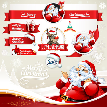 Christmas vector set of vintage labels, badges and banners with Santa Claus cartoon character, present, tree, hat and reindeer retro illustrations. Calligraphic and typographic design elements.のイラスト素材