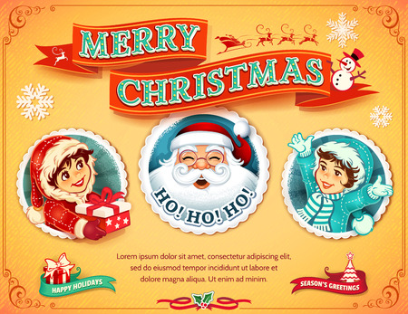 Vector set of vintage Christmas greeting card with Santa Claus, present, tree, sleigh and reindeer retro illustrations. Calligraphic and typographic design elements.のイラスト素材