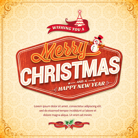 Vector vintage Christmas greeting card with tree and snowman retro illustrations. Calligraphic and typographic design elements.のイラスト素材