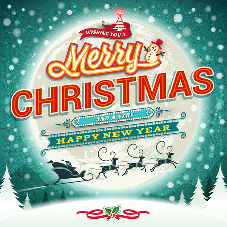 Vintage Christmas greeting card with Santa Claus sleigh flying across the moon. Vector retro illustration. Calligraphic and typographic design elements.のイラスト素材