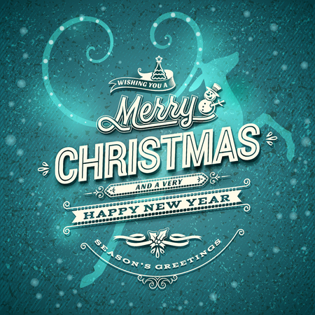 Vintage Christmas greeting card with reindeer, tree and snowman vector  illustrations. Calligraphic and typographic retro design elements.のイラスト素材