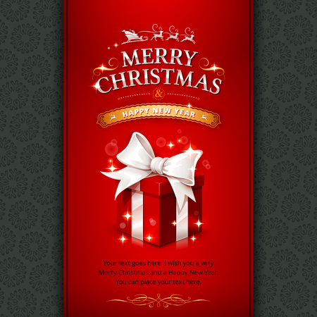 Vector vintage Christmas greeting card with Santa Claus sleigh, reindeer and present. Retro illustration with calligraphic and typographic design elements.のイラスト素材