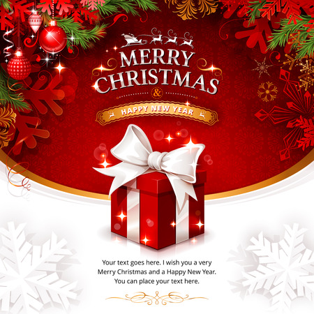 Vector vintage Christmas greeting card with Santa Claus sleigh, ornaments, snowflakes, reindeers and present. Retro illustration with calligraphic and typographic design elements.のイラスト素材