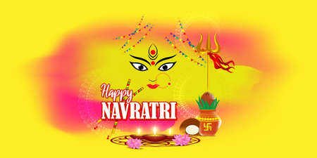 Happy Durga Puja  Indian festival greeting vector image with illustration of Goddess Durga Faceのイラスト素材