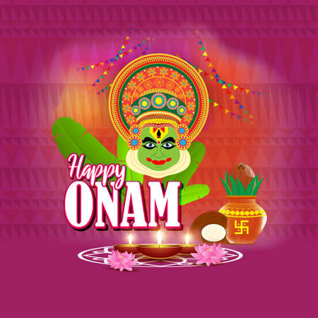 Happy Onam greeting vector image with kathakali face Illustration for south Indian festival.のイラスト素材