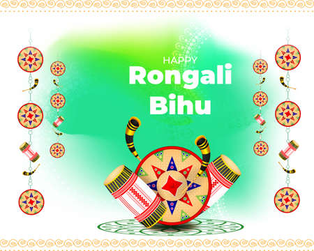 Vector illustration of Happy Bihu, Assamese New Year, Indian traditional festival, Harvest festival of Assam.のイラスト素材