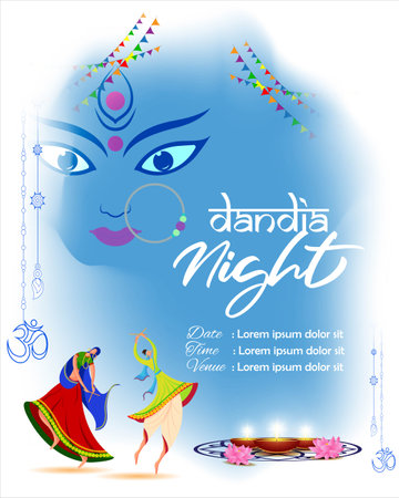 Vector illustration for Dandia night means Dandiya night (Indian traditional dance). Illustration is showing man and woman performing Dandia dance with beautiful night backdrop.のイラスト素材