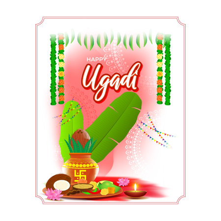 Vector illustration concept of Happy Ugadi greeting with kalasha and traditional food. Also called Gudi Padwa. South Indian New Year's Day.のイラスト素材