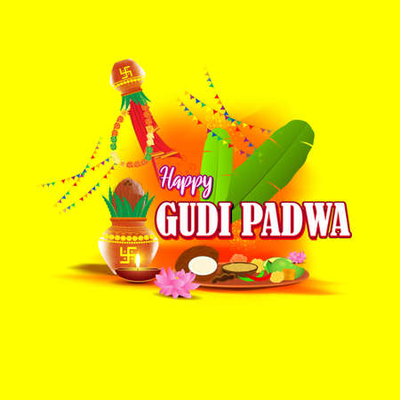 Vector illustration concept of Happy Ugadi greeting with kalasha and traditional food. Also called Gudi Padwa. South Indian New Year's Day.のイラスト素材