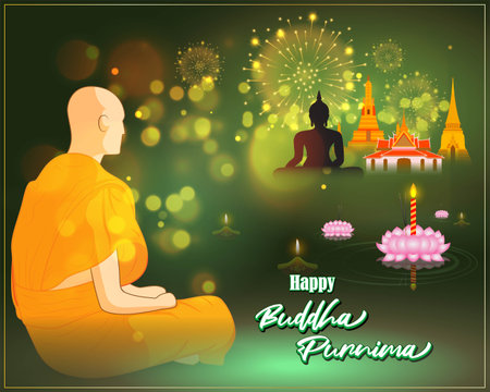 Indian Buddha Purnima festival with text, illustration is showing Buddha seating and absorbed in meditationのイラスト素材