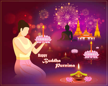 Indian Buddha Purnima festival with text, illustration is showing Buddha seating and absorbed in meditationのイラスト素材