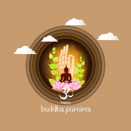 Indian Buddha Purnima festival with text, illustration is showing Buddha seating and absorbed in meditationのイラスト素材
