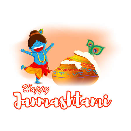 vector illustration for Indian festival Janmashtami, birth of lord Krishna (Hindu god), butter pots, flute on colorful abstract backgroundのイラスト素材